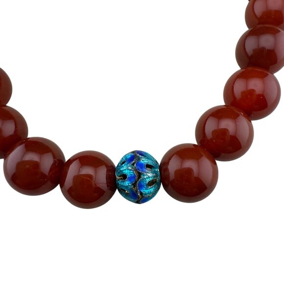 Red Agate Beaded Bracelet With Cloisonné Enamel & Adjustable Knot Closure - Picture 2 of 6